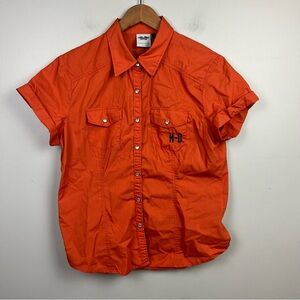 Harley Davidson womens orange shirt with black decals and pearl snap Size L